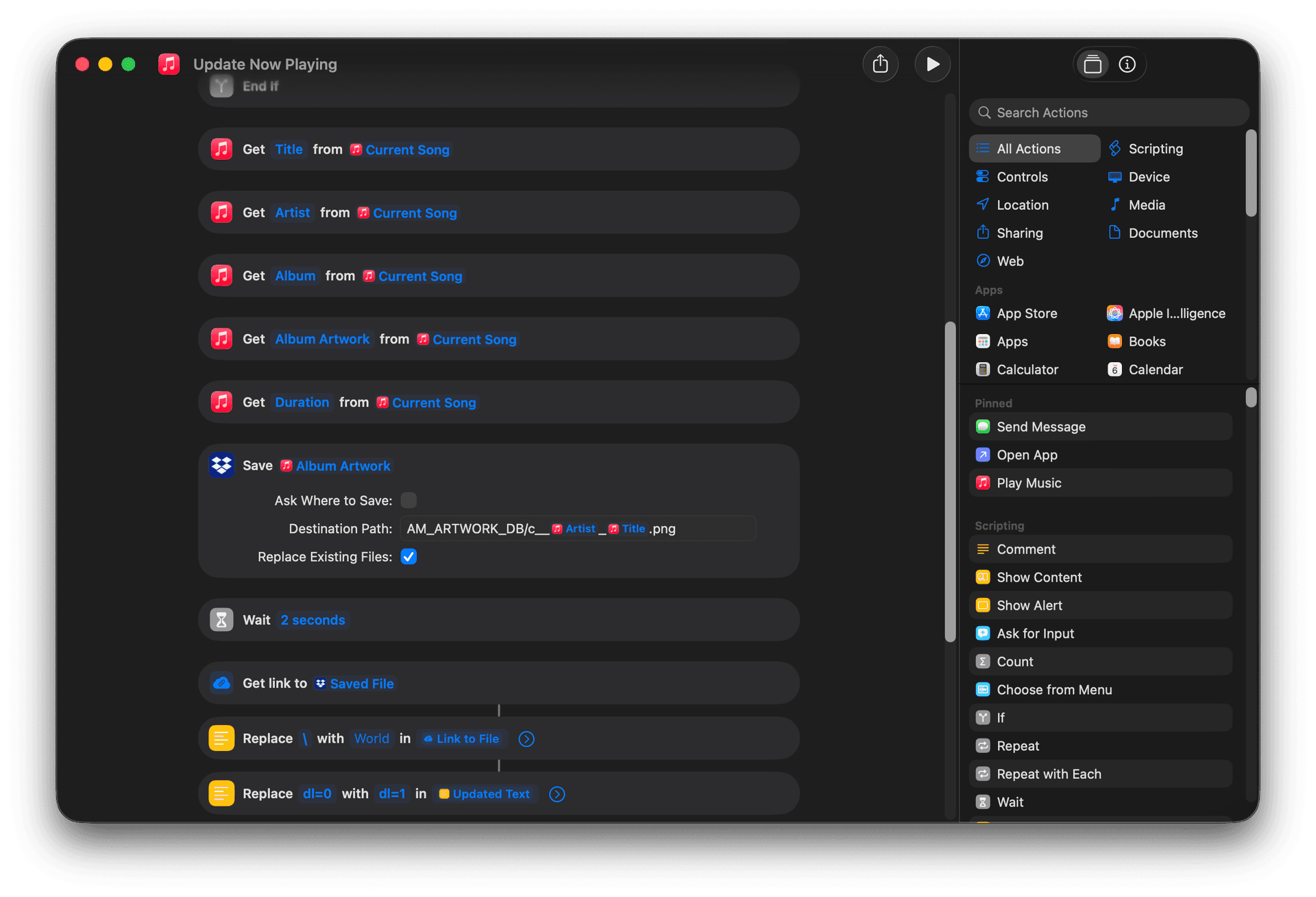Screenshot of a snippet of Shortcut actions